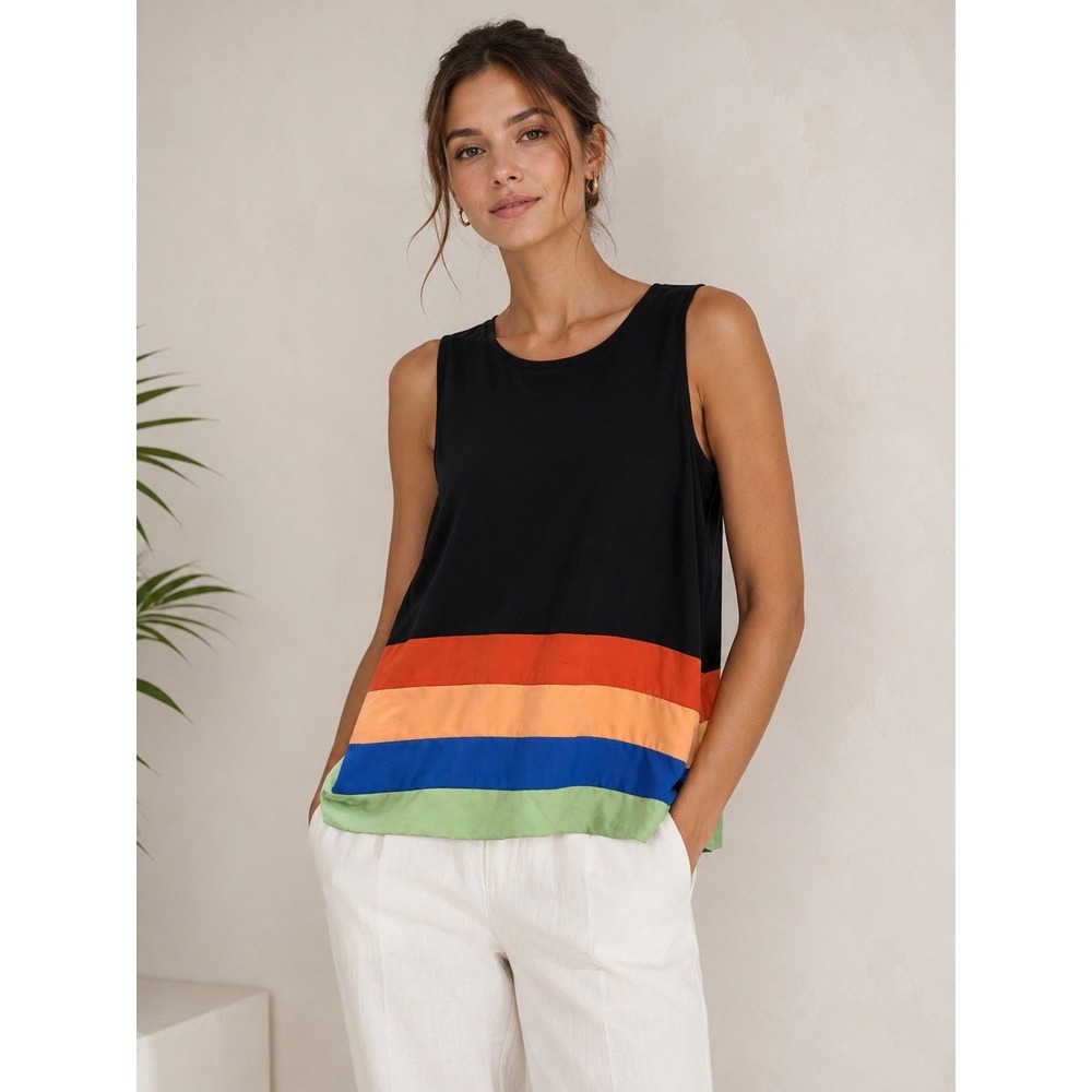Due Per Due Petites 100% Silk Rainbow Colorblock Stripe Tank Top Black Size 8